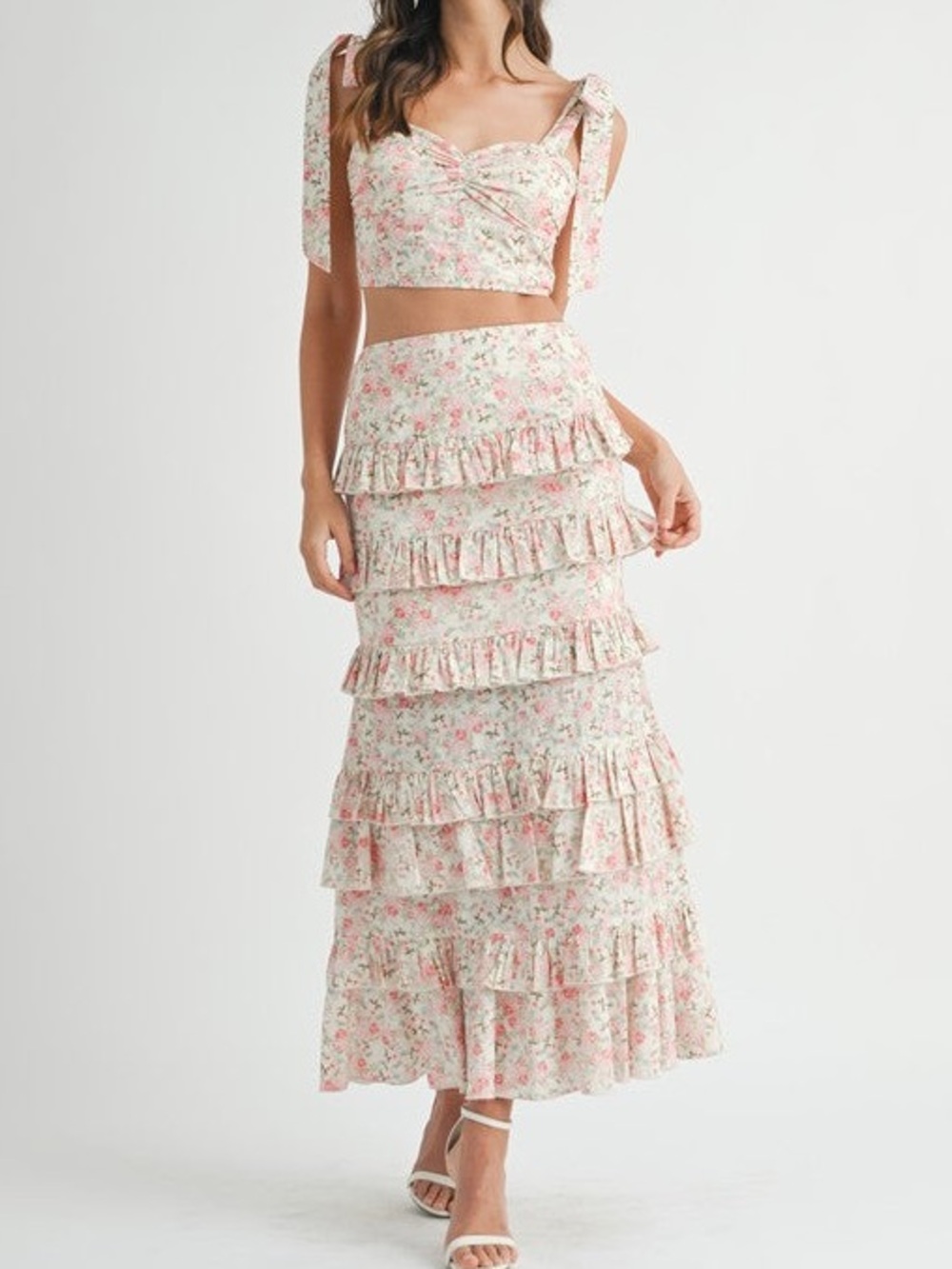 Mable Floral Tiered Ruffle Maxi Skirt Set - Pink Floral Size Small